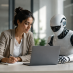 AI Workplace showing professionals collaborating with AI assistants in a modern office