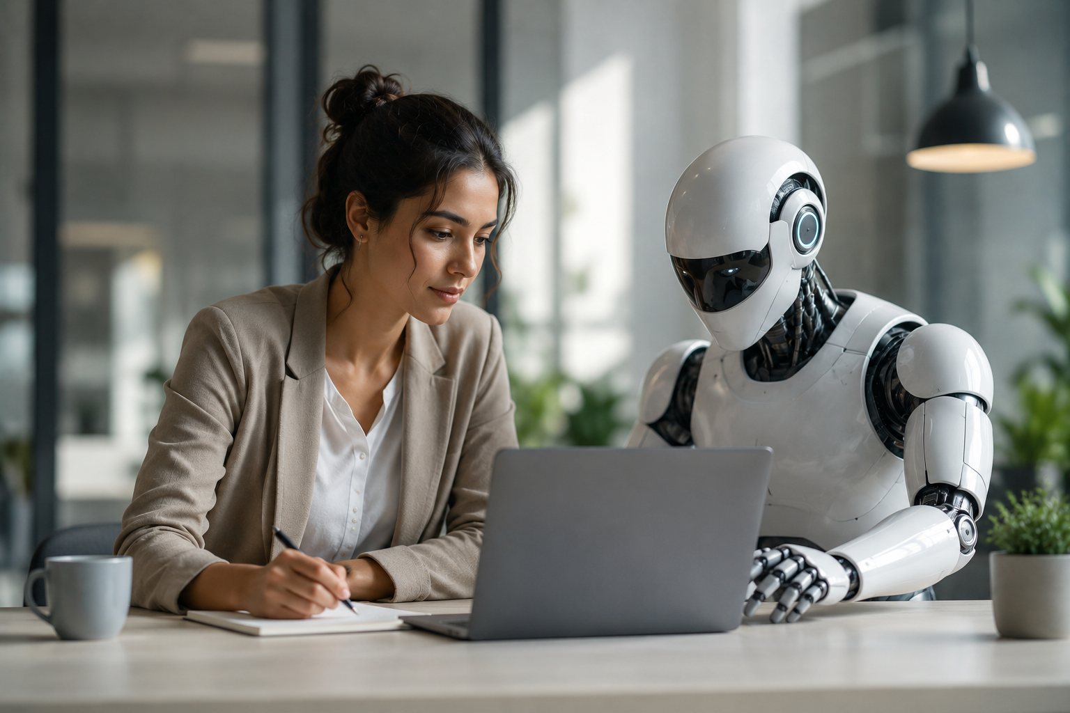 AI Workplace showing professionals collaborating with AI assistants in a modern office