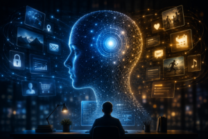 AI Privacy showing an AI assistant securely analyzing personal user data