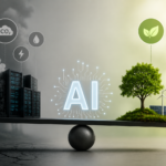 Can AI Be Sustainable?? An illustration showing data centers, renewable energy, and artificial intelligence infrastructure