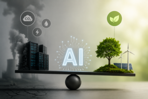 Can AI Be Sustainable?? An illustration showing data centers, renewable energy, and artificial intelligence infrastructure