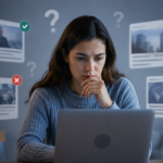 Original content is represented by a writer creating authentic ideas while AI-generated content surrounds them.