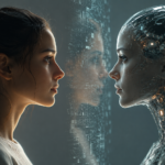 **Alt Text:** *A realistic human woman and a lifelike AI-generated humanoid robot face each other across a glowing digital interface, symbolizing the rise of synthetic humans and the blurred boundary between human identity and artificial intelligence in a futuristic world.*