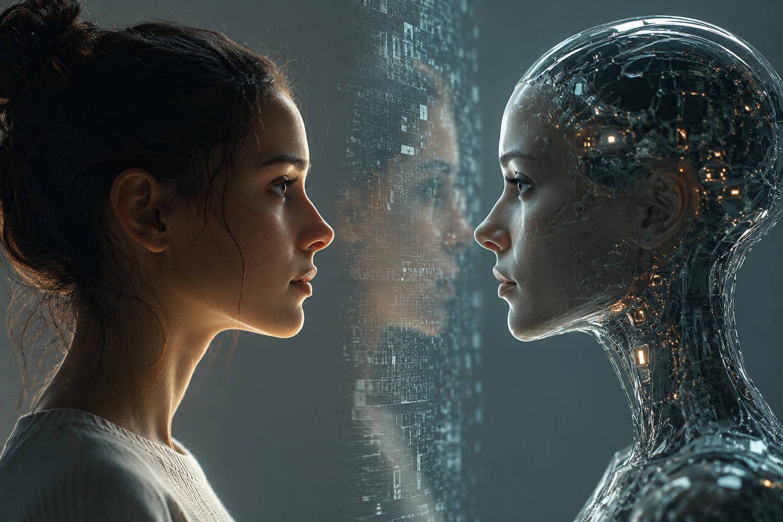 **Alt Text:** *A realistic human woman and a lifelike AI-generated humanoid robot face each other across a glowing digital interface, symbolizing the rise of synthetic humans and the blurred boundary between human identity and artificial intelligence in a futuristic world.*