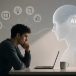 AI Dependency shows humans relying on artificial intelligence for decisions and information