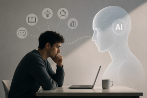 AI Dependency shows humans relying on artificial intelligence for decisions and information