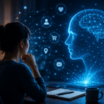 AI Memory concept showing a person interacting with a personalized AI assistant in a futuristic digital workspace.