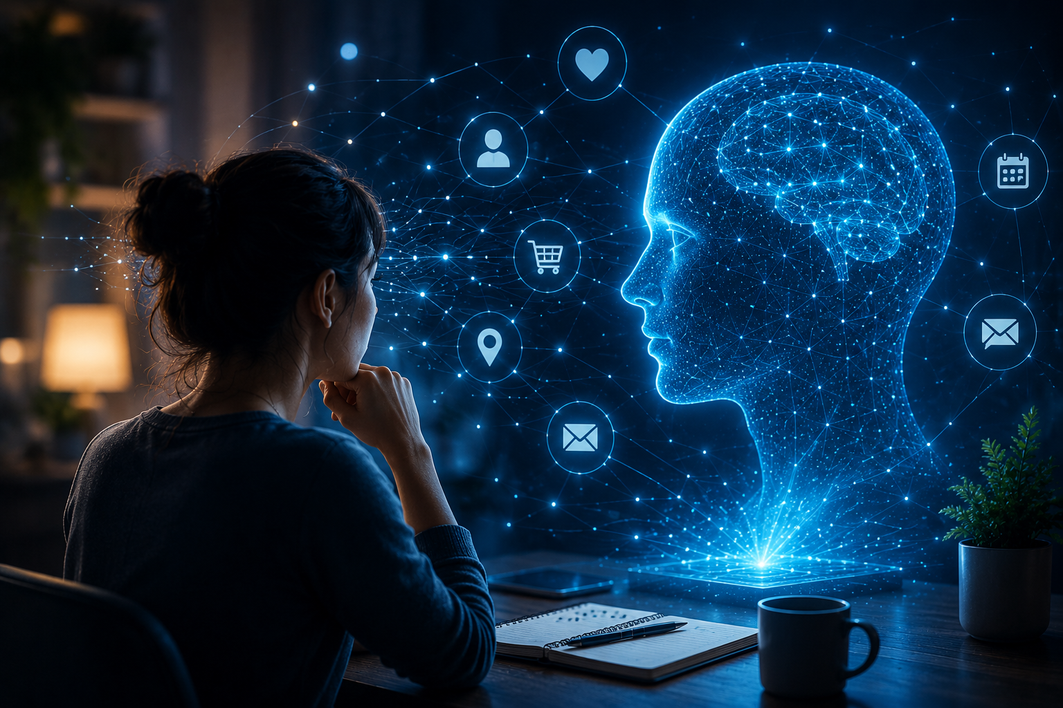AI Memory concept showing a person interacting with a personalized AI assistant in a futuristic digital workspace.